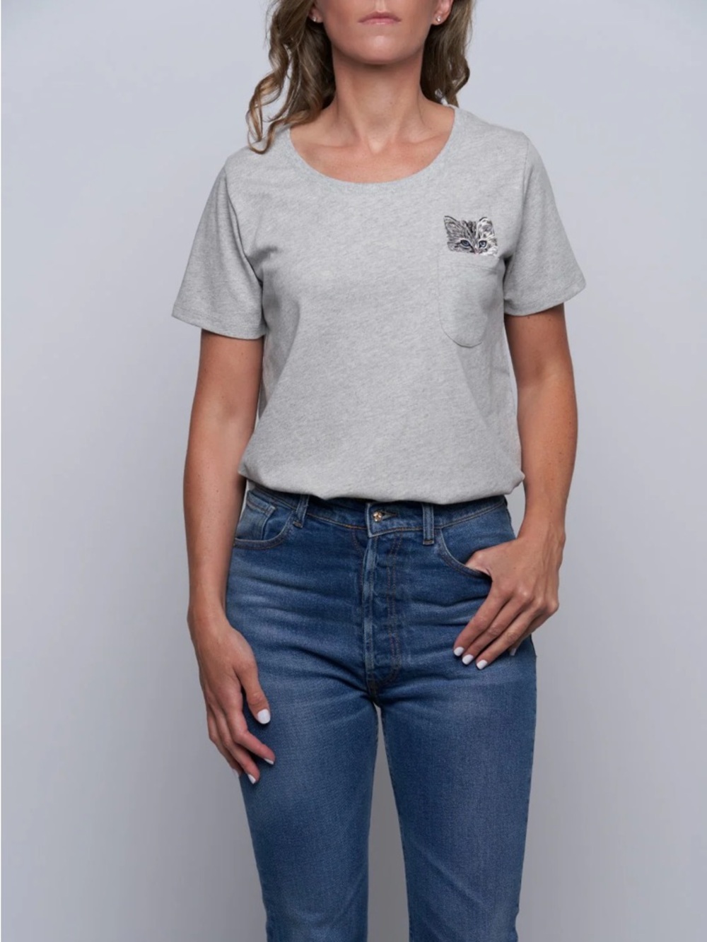 Paul & Joe Sister Glendale Pocket Tee Embroidered Cat Gray Size S